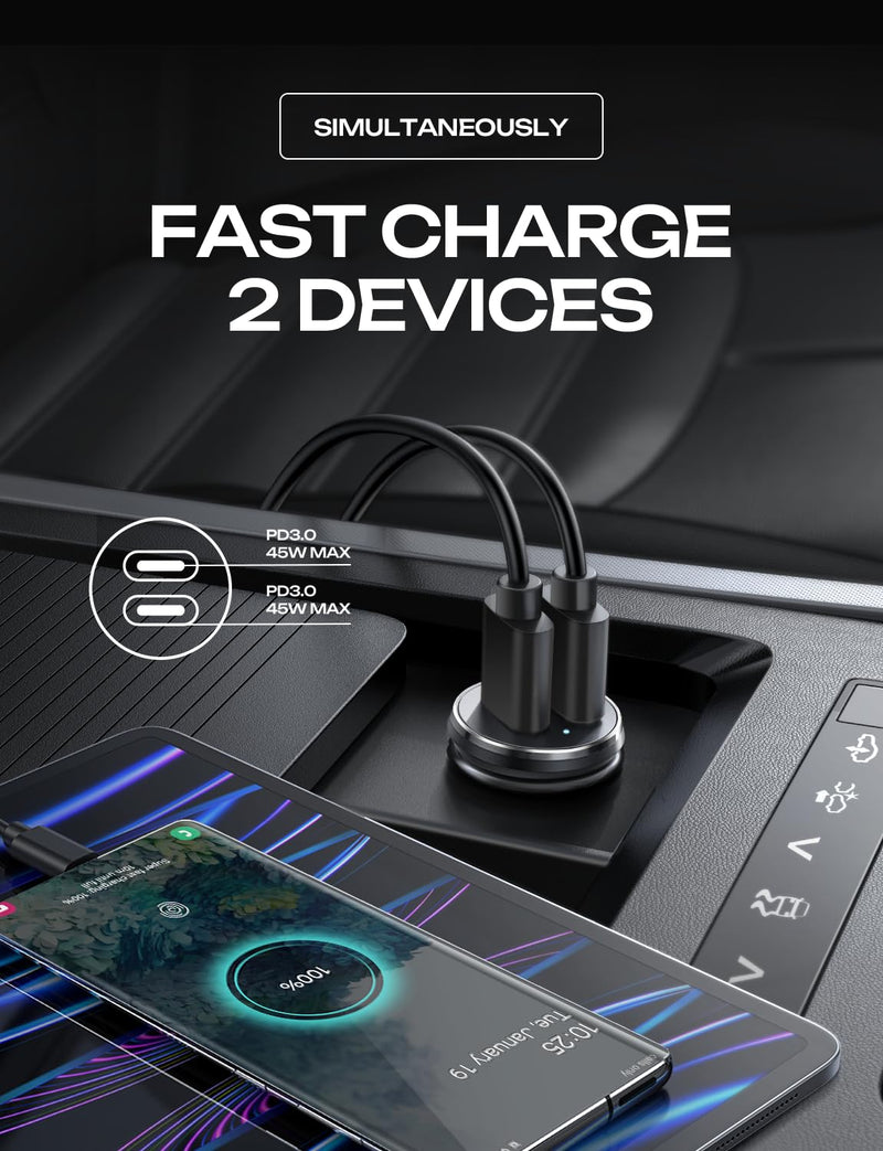 LISEN 90W USB C Car Charger [All Metal & Mini] Cigarette Lighter Adapter Fast Charging, Mini Dual PD 45W & PD 45W Car Charger USB C Fast Charging for iPhone 15 Pro Max Glaxy S24 iPad Pro MacBook Air Black