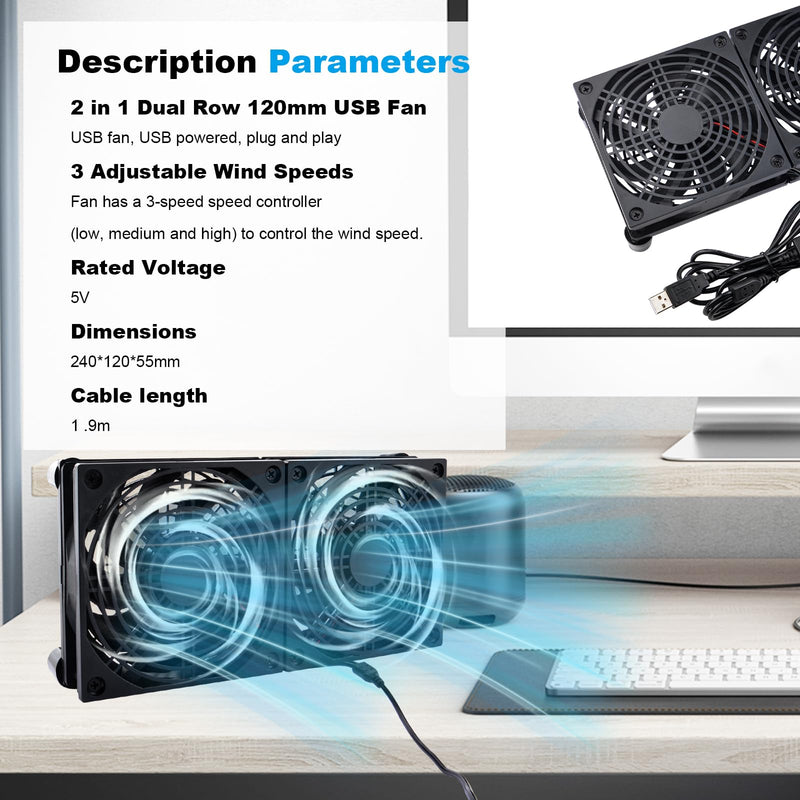 Quiet Dual 120mm USB Fan Dual-Ball Bearings, USB Fan 5V, with L/M/H 3-Degree Speed Controller High Airflow Cooling Fan for Router Modem Receiver DVR PlayStation Xbox TV Box