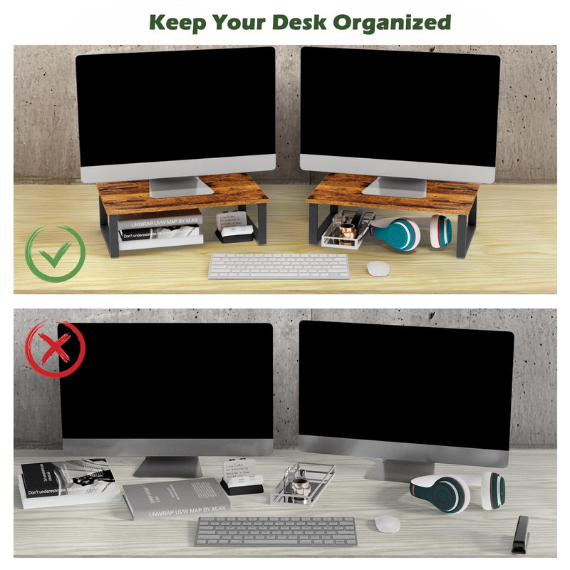 Wood Monitor Stand Riser, 2 Pack Desktop Laptop Riser for Dual Monitors & Printer, Engineered Wood Ergonomic Desktop Riser for Office PC Laptop, Rustic Brown