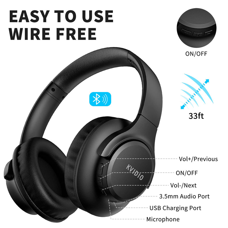 [AUSTRALIA] - Bluetooth Headphones Over Ear,KVIDIO 55 Hours Playtime Wireless Headphones with Microphone,Foldable Lightweight Headset with Deep Bass,HiFi Stereo Sound for Travel Work Laptop PC Cellphone Black 