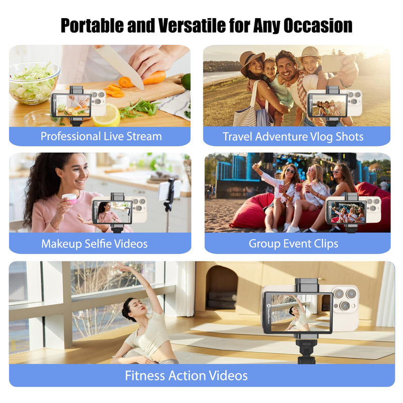 OmniMaster Phone Vlog Selfie Monitor with Touch Screen & Speaker, Magnetic Phone Holder Clip Mount, Using Rear Camera for Selfie Vlog Or Live Stream