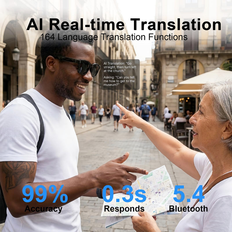 AI Smart Glasses with Camera, 8MP HD Bluetooth Camera Glasses for Women Men | 1080P Video Recording Sunglasses, Real Time Translation, Voice Assistant, Open Earbuds, Travel, Work, Vlog Night Black