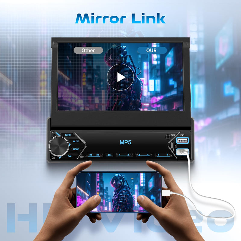 Single Din Flip Out Car Stereo Bluetooth 7 Inch Retractable Touch Screen Car Radio 1 Din Mirror Link/FM/EQ USB/Type-C/AUX SWC, Car Audio Receiver MP5 Multimedia Player with Backup Camera