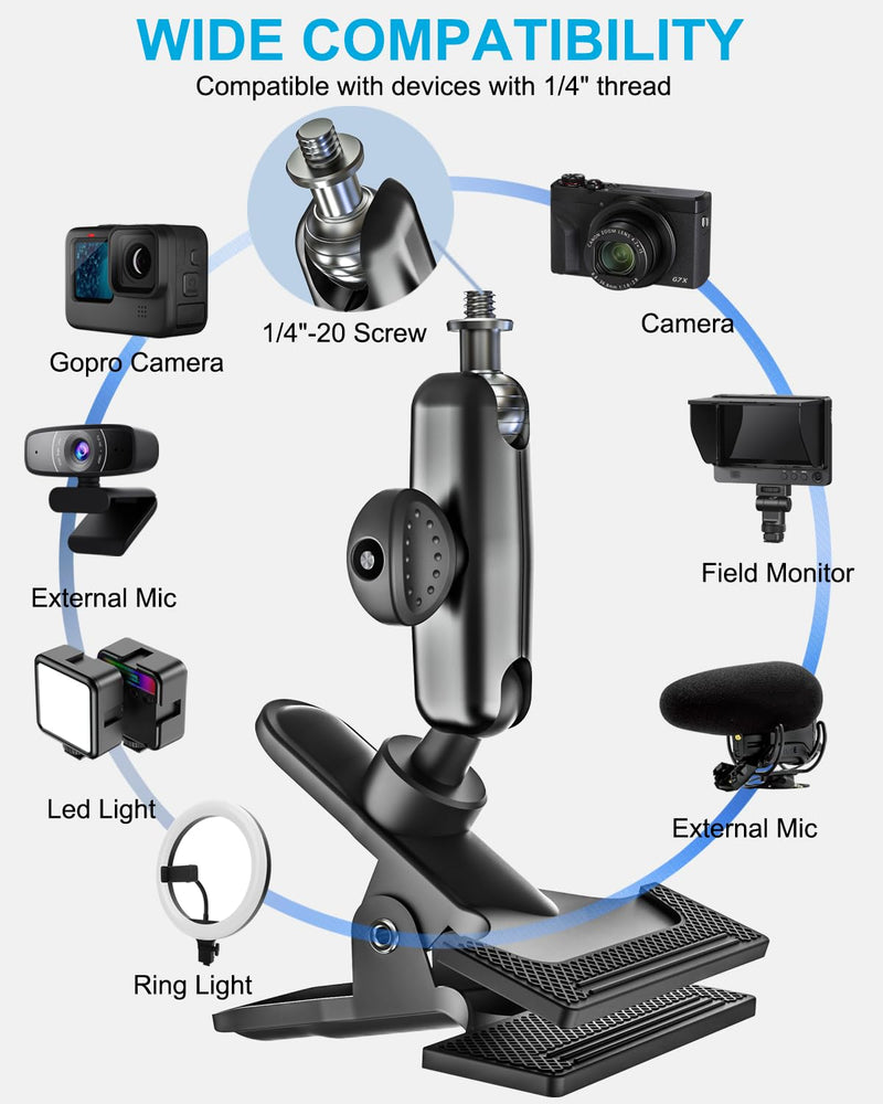 Car Sun Visor Camera Mount Holder for GoPro - [Metal Super Clamp] 360° Ballhead Magic Arm Accessories with 1/4"-20 Thread, for GoPro Hero13 Black 12 11 10 9 8 7, Insta360 X3 X4 Go3 Ace Pro DJI Action