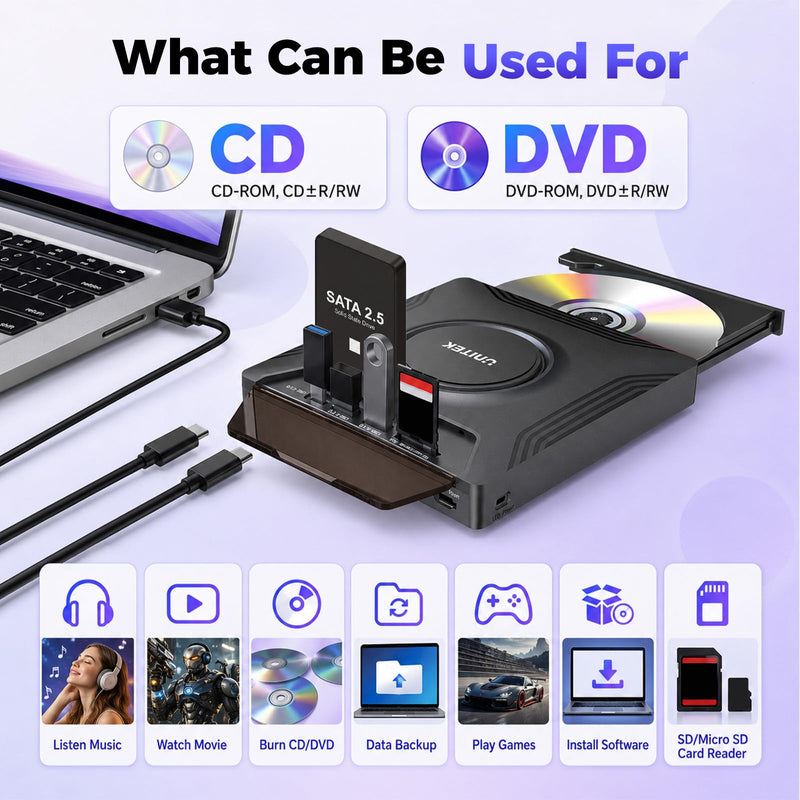 Unitek External CD DVD Drive for Laptop, 7 in 1 USB C Disc Reader with SATA | Portable External Optical Disc Drive, CD/DVD +/-RW with SATA Interface CD ROM DVD Player for Laptop Desktop PC Mac Windows