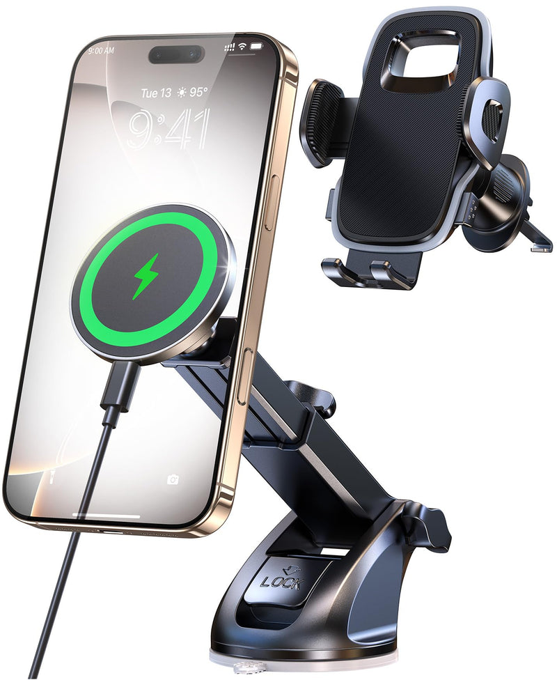 New 2025 Vacuum Magnetic Phone Suction Holder, 15W Wireless Charger for MagSafe Car Mount & Dashboard Windshield Vent Holder, All-Weather Suction for Uber, iPhone 16/15/14 Pro Max Plus