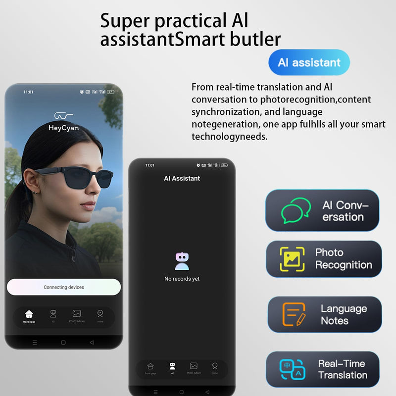 Smart Glasses with Camera, 4K UHD Video Recording & HD Photo Capture, AI Smart Glasses with Real-Time Translation, Open-Ear Bluetooth Audio, Voice Assistant, Photochromic Lenses for Travel and Outdoor