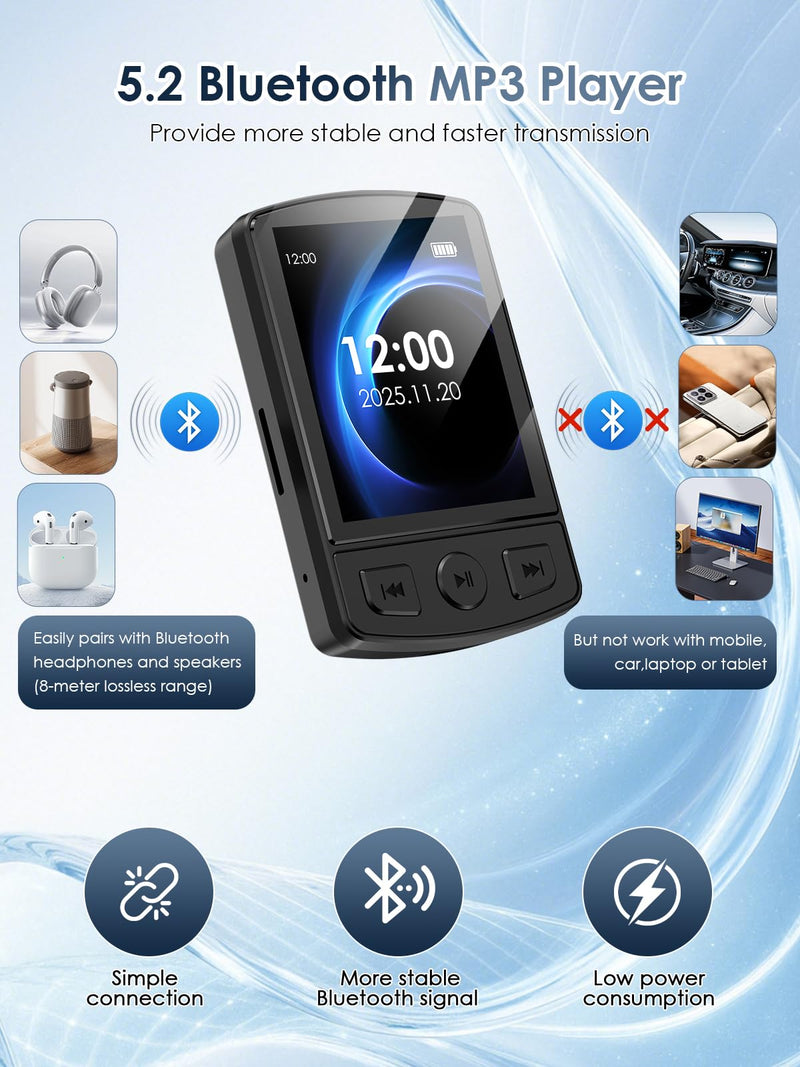 [AUSTRALIA] - MP3 Player with Clip 64GB Mini MP3 Player with Bluetooth 5.2,Portable MP3 Music Player with Earphones,HiFi-Speaker,FM Radio,Voice Recorder,E-Book for Outdoor,Home,Sporting(Black) Black 