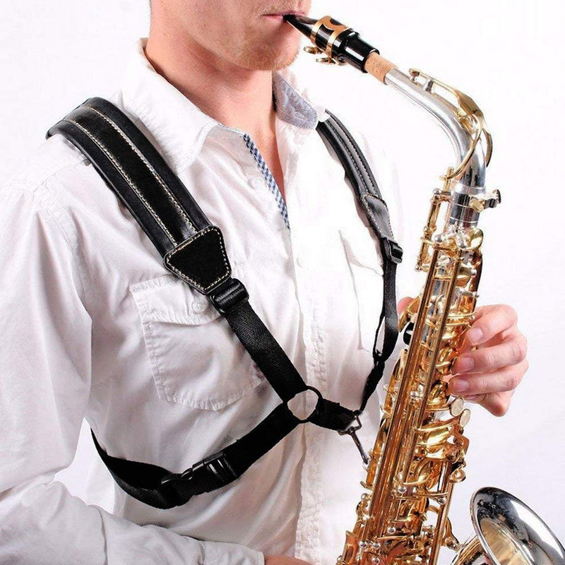 Saxophone Strap, Universal Double Shoulder Leather Strap for Sax, Adjustable Padded Harness Strap for Alto Tenor Soprano Baritone Saxophone (Large Size) Taille Grande