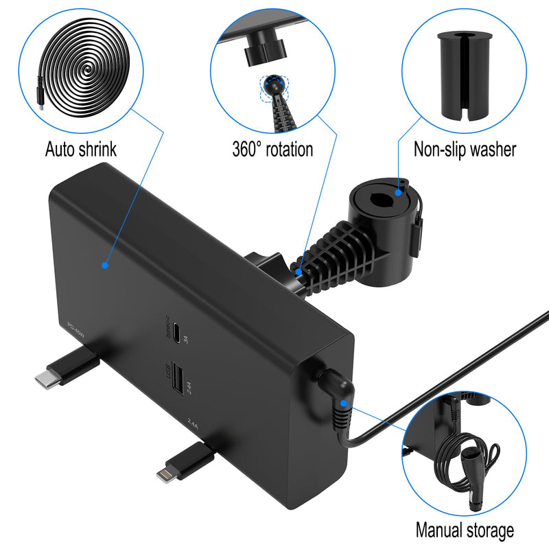 Multi Car Retractable Backseat Car Charger 5 in 1 Car Charging Station Box for iPhone/Samsung, 60W Cigarette Lighter Adapter Uber Taxi Lyft Turo Share Ride Customer Charging Dock Attach to Headrest