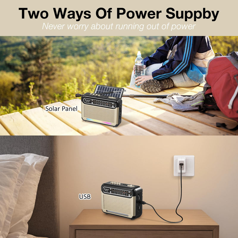 [AUSTRALIA] - G Keni Portable Solar Radio AM FM SW with Rechargeable Battery Operated, Shortwave Bluetooth Radio Strong Reception, USB/TF Card Input, Solar Panel, Big Speaker with Ambient Light (Golden&Black) Golden&Black 