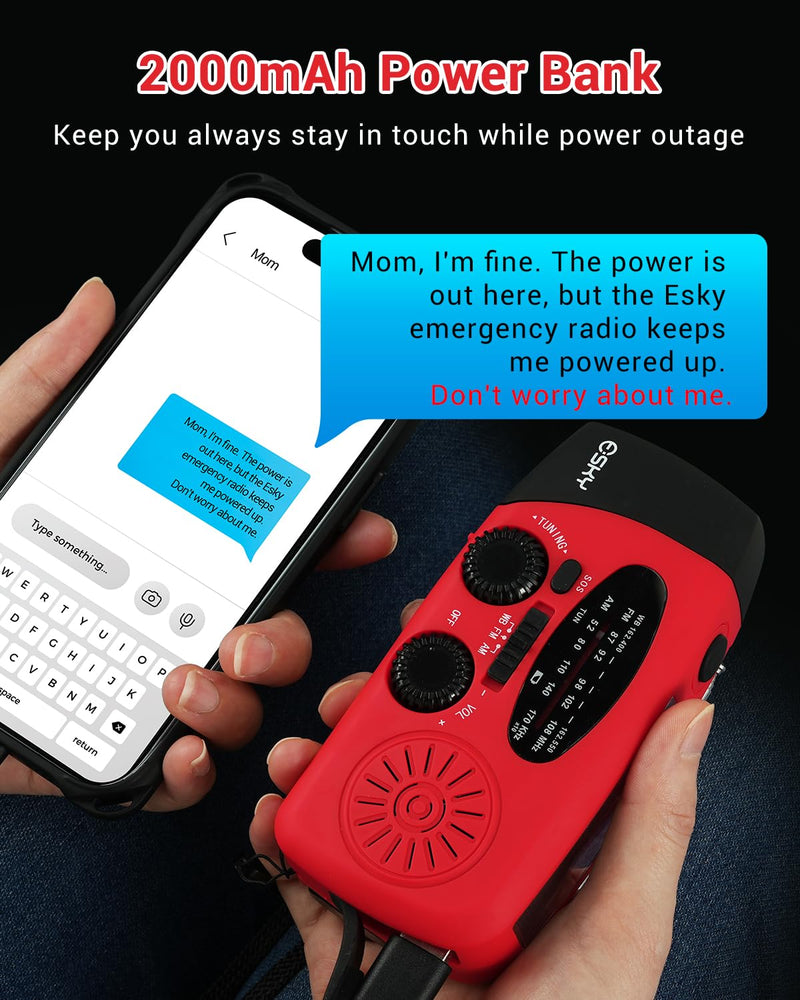 Esky Emergency Hand Crank Radio 7400mWh with 3 LED Flashlight, AM/FM/NOAA Portable Weather Radio with Rechargeable 2000mAh Battery, Solar Powered Radio for Indoor Outdoor Survival Camping, SOS Alarm Red