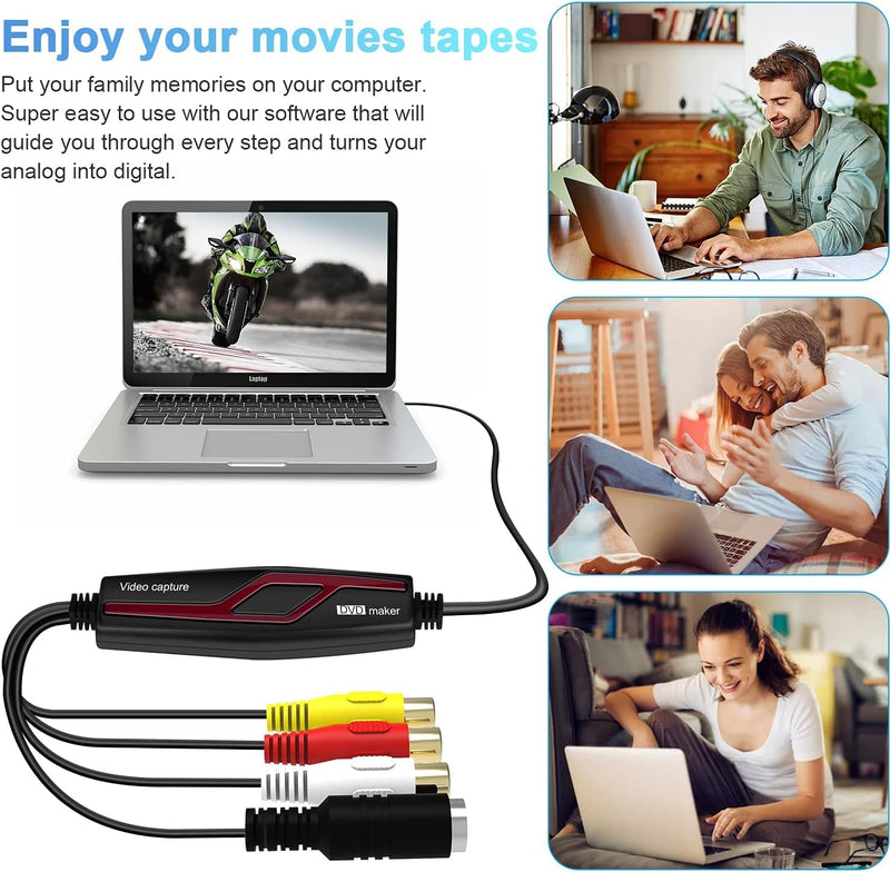 [AUSTRALIA] - Video Capture Card USB 2.0, RCA to USB Video Capture Device, Digital Video Converter to Save Digital Files for Your Mac OS X Windows 7 8 10 11 PC, One Touch VCR TV to DVD, Black DigitPro Video Capture Card USB 2.0 