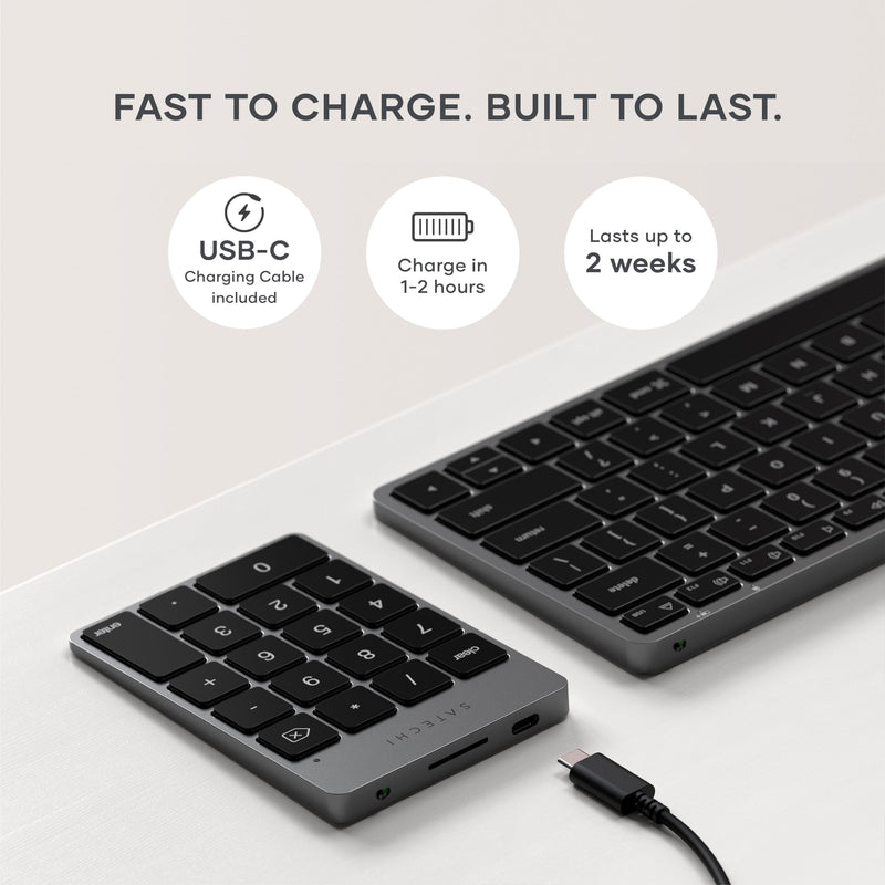 Satechi Slim Aluminum Bluetooth Keypad, USB-C Rechargeable, Space Gray | 18-Key Wireless Number Pad, for MacBook, iMac, iPad, PC, and Laptops