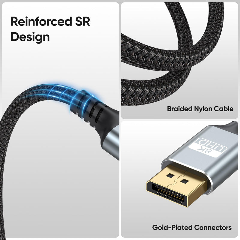 DisplayPort 1.4 Cable, 3FT, 10-Pack, 8K@60Hz, 32.4Gbps | 4K@120Hz, 2K@240Hz, HDR, DSC 1.2, FreeSync, G-Sync, FEC, Braided, For Monitor, Graphics Card, Gaming, Laptop, Docking Station Grey