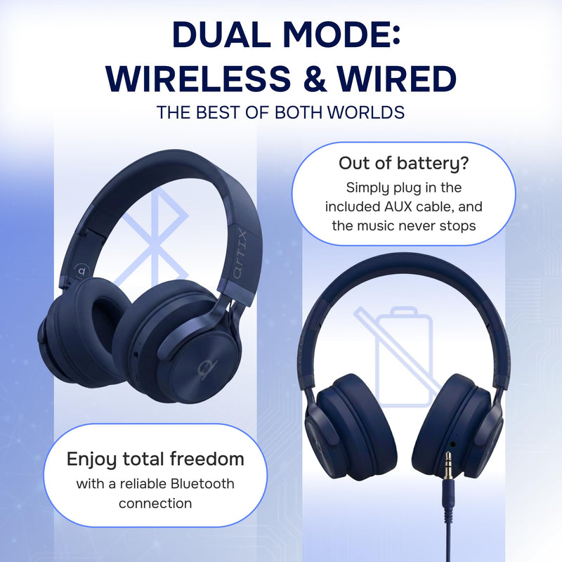ARTIX Wireless Headphones for Kids Bluetooth Headphones for School (Blue) | Built-In Microphone, Adjustable Headband, Dual Mode, Foldable, Bluetooth 6.0, 40 Hours Playtime, Over-Ear Head phones Blue