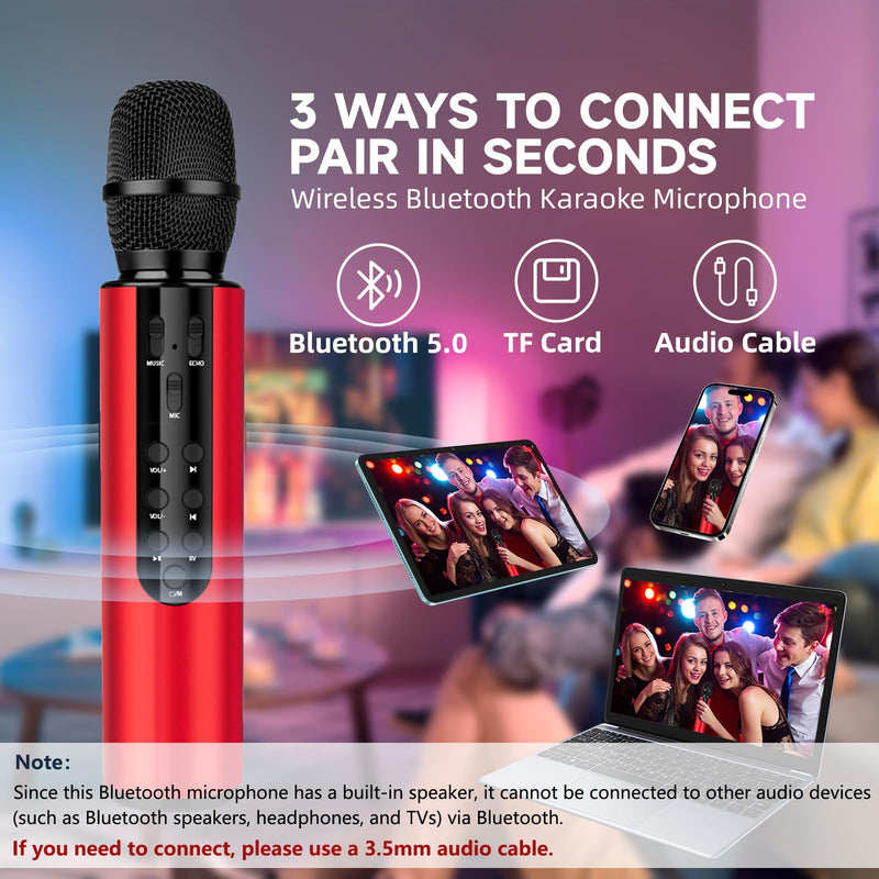 Karaoke Microphone Wireless, 4-in-1 Portable Handheld Wireless Karaoke Bluetooth Microphone with Built-in Sound Card for Home Parties,Travel,Music Recording,Car Singing (Red) Red