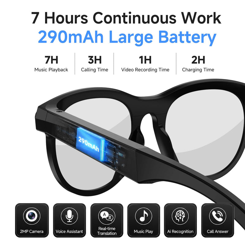 KPEP Ai Smart Glasses with 2MP Camera, HD Video Recording, Photo Taking | Bluetooth Calls Answer, Open-Ear Audio, Voice Assistant, Object Recognition, Real-time Translation, Ai Glasses with 2 Lenses Black