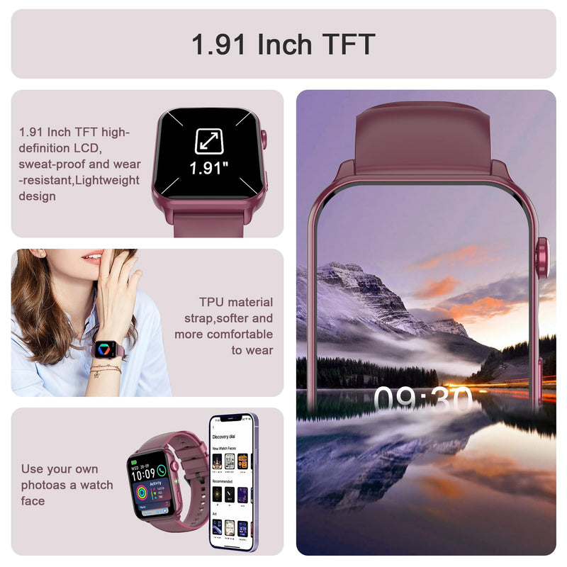 Smart Watch for Men Women, 1.91" HD Fitness Tracker with Bluetooth Calls, 32 FT Waterproof, 24/7 Heart Rate/Sleep Monitor, 120+ Sport Modes, Pedometer, Calories, Smartwatch for Android iOS (Purple) Purple-30