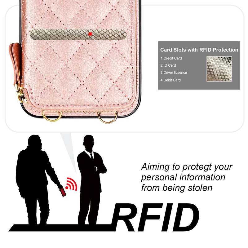 Bocasal Crossbody Wallet Case for iPhone 15 Plus, RFID Blocking PU Leather Zipper Handbag Purse Flip Cover, Kickstand Folio Case with Card Slots Holder Wrist Strap Lanyard 5G 6.7 Inch (Rose Gold) Rose Gold