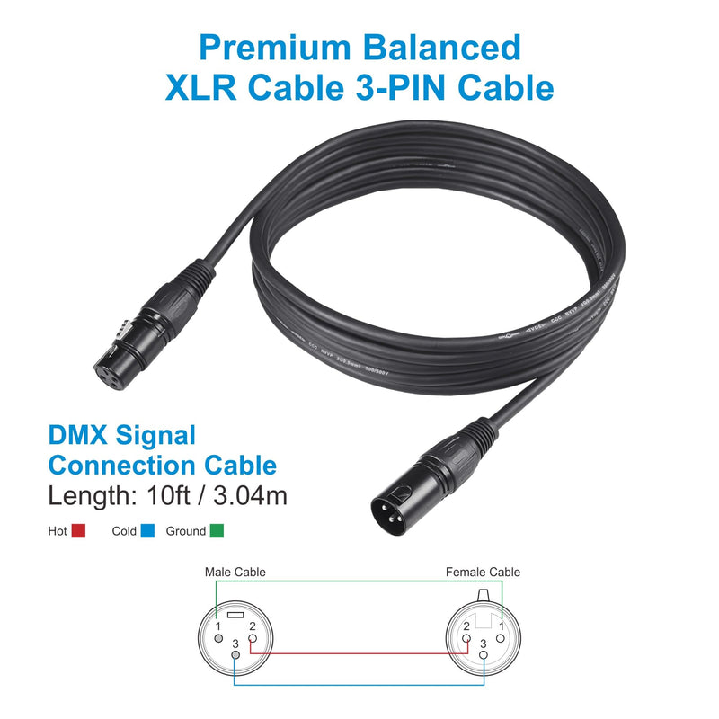 10ft/3.04m DMX Cable, 4 Pack, 3.04m DMX Cables, 3 Pin XLR Male to Female, Shielded, Soft PVC Sheath, Sturdy Metal Connector, Ideal for Stage & DJ Lighting