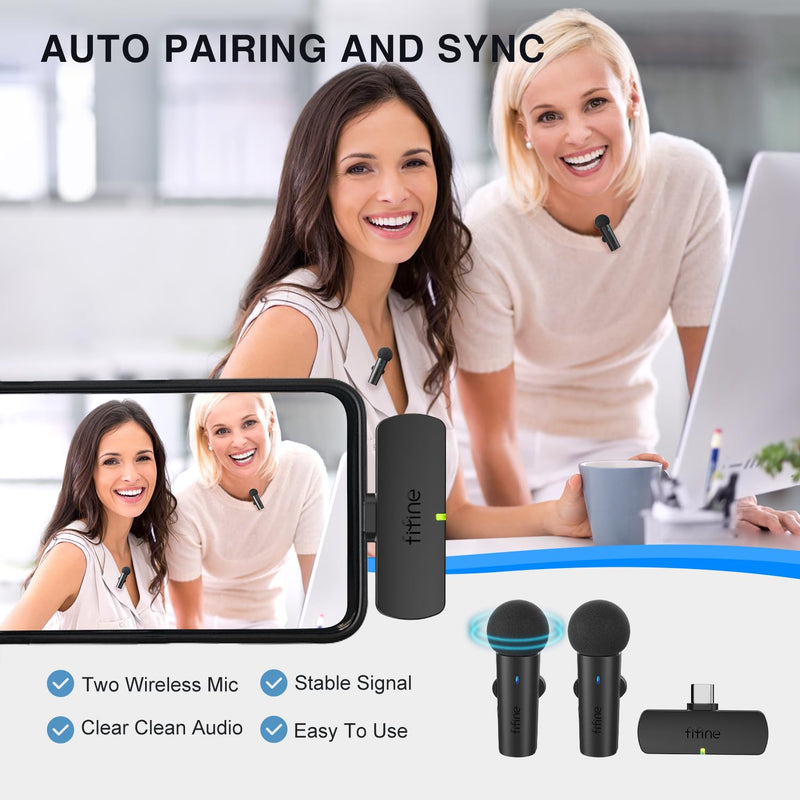 FIFINE Wireless Lavalier System with 2 Microphones, Lapel Mic Clear Sound for YouTube Video Interview Vlog, Dual Mini Mic with Type C Receiver for Android Phone/Tablet/Iphone15(USB C) Laptop-M8 M8 (Two Mics)