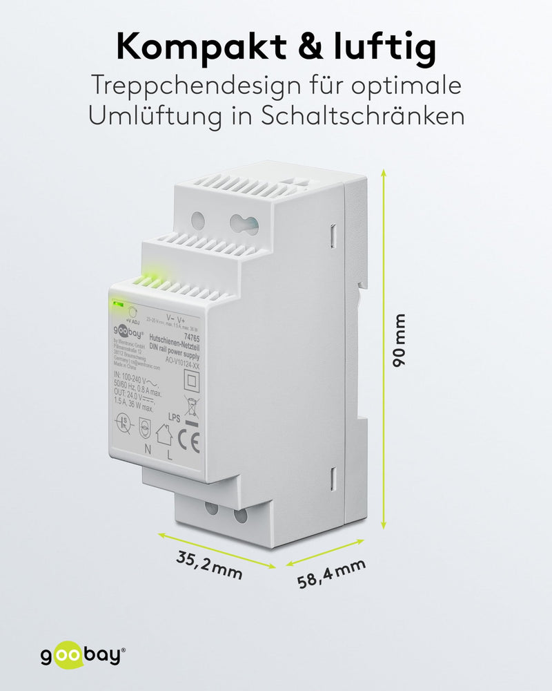 goobay 74765 DIN Rail Power Supply - Compact 24 V Power Supply for Bell Transformer, Monitoring and Access Systems, Door Opener - Easy Mounting on DIN Rail, 24 V, Surge Protection 24 V / 4.5 A / 54 W