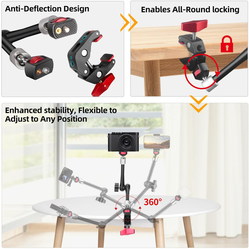[AUSTRALIA] - HEMMOTOP 11in Magic Arm Camera Mount Clamp, Max. Payload 5.5 LBS Articulating Arm with Anti-Twist Pins, Rotatable Pads, Adjustable Friction Arm for Monitor, LED Light, Camera Video Rig MS02 11 in 
