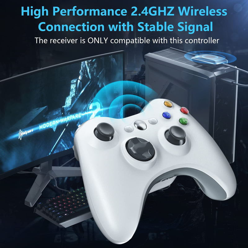 Wireless Controller for Xbox 360, 2.4GHZ Gamepad Joystick Controller Remote for PC Windows 7,8,10 with Receiver Adapter, White