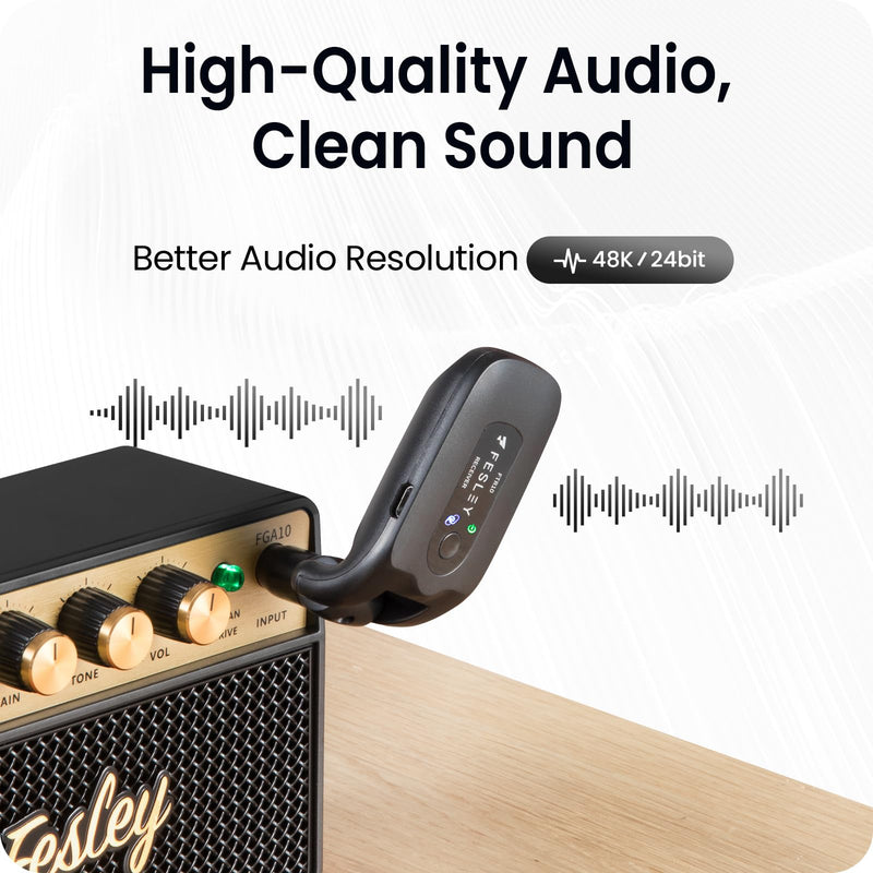 Fesley 2.4GHz Wireless Guitar System: Better Audio Resolution, One-Click Auto-Matching, 10-Hour Battery Rechargeable Audio Digital Wireless Guitar Transmitter Receiver for Bass Electric Instruments