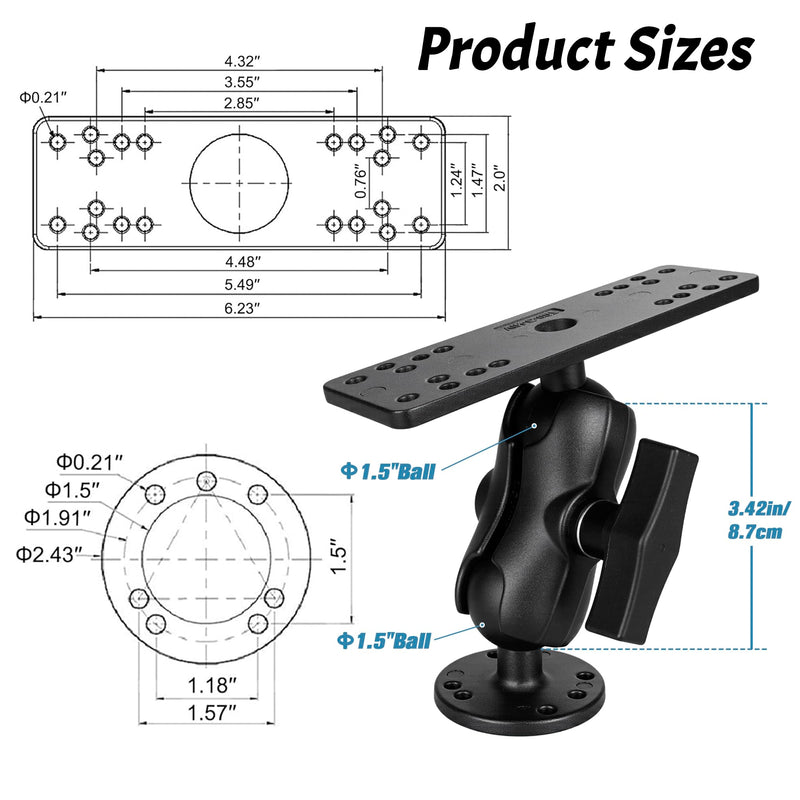 Fish Finder Mount with C Size 1.5" / 38mm Ball, 3.42" Aluminum Arm Marine Electronics/Depth Finder Mount, High Salt Water Resistant,Compatible with Garmin, Lowrance, and More Small