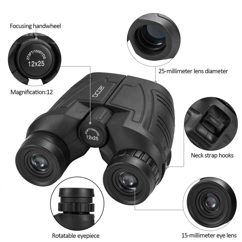 occer 12x25 Compact Binoculars with Clear Low Light Vision, Large Eyepiece Waterproof Binocular for Adults Kids,High Power Easy Focus Binoculars for Bird Watching,Outdoor Hunting,Travel,Sightseeing Black