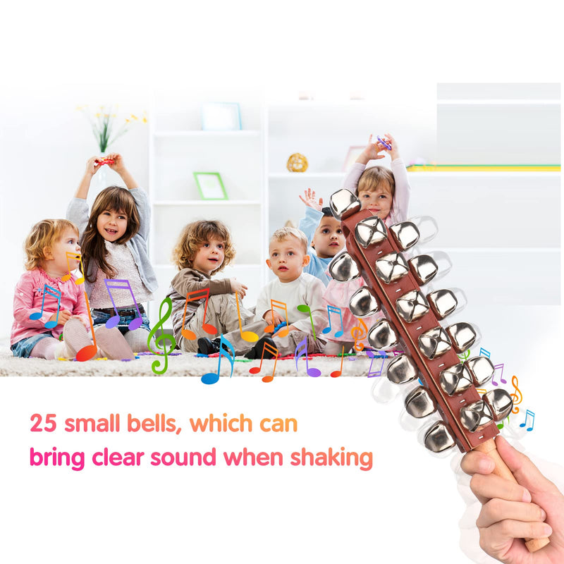 Hand Jingle Bells Hand Sleigh Bells Wooden Shaker Jingle Bells Stick Musical Percussion Instrument Bells for Holiday Home Christmas Decoration