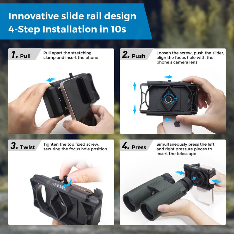 [AUSTRALIA] - APEXEL 360° Telescope Phone Adapter, Upgraded Binocular Photo Adapter for Android & iPhone, Smartphone Mount for Telescope, Monocular, Microscope, Spotting Scope. (Including Bluetooth Shutter Remote) 