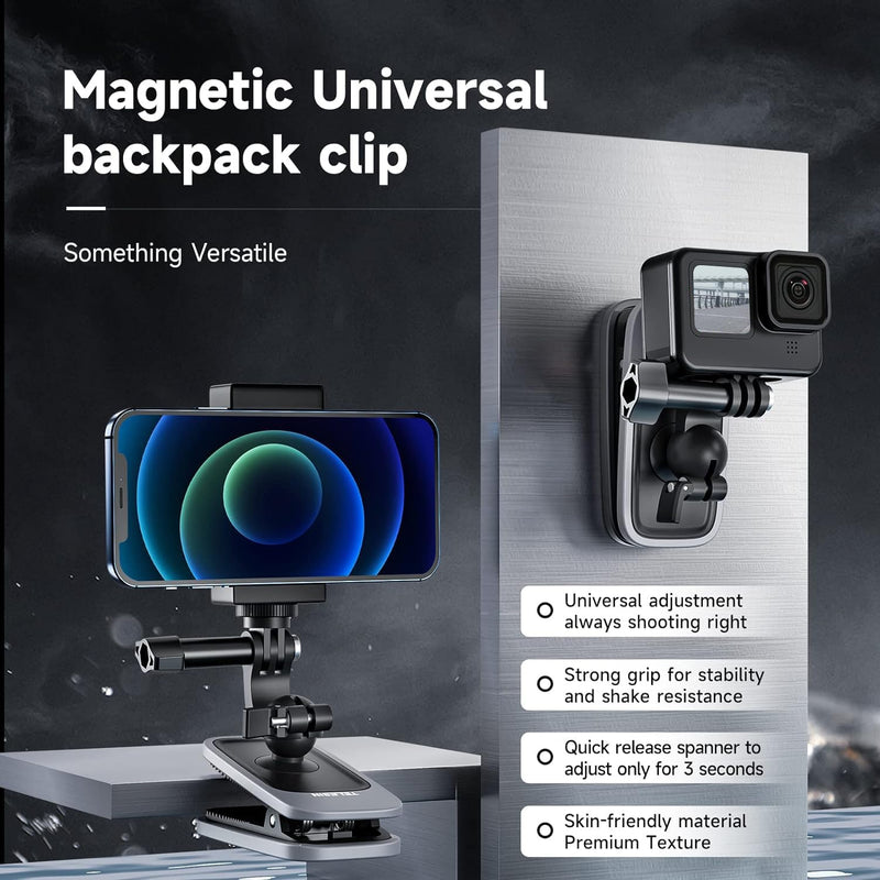 TELESIN Magnetic Mount Backpack Clip with Phone Holder for GoPro Insta360 iPhone Accessories for Go Pro Hero 13 12 11 10 9 8 7 Insta 360 X3 Go3 Ace Pro DJI Action 5 Pro 4 3 Pocket 3 Bike Motorcycle Magnetic Mount+Backpack Clip+Phone Holder