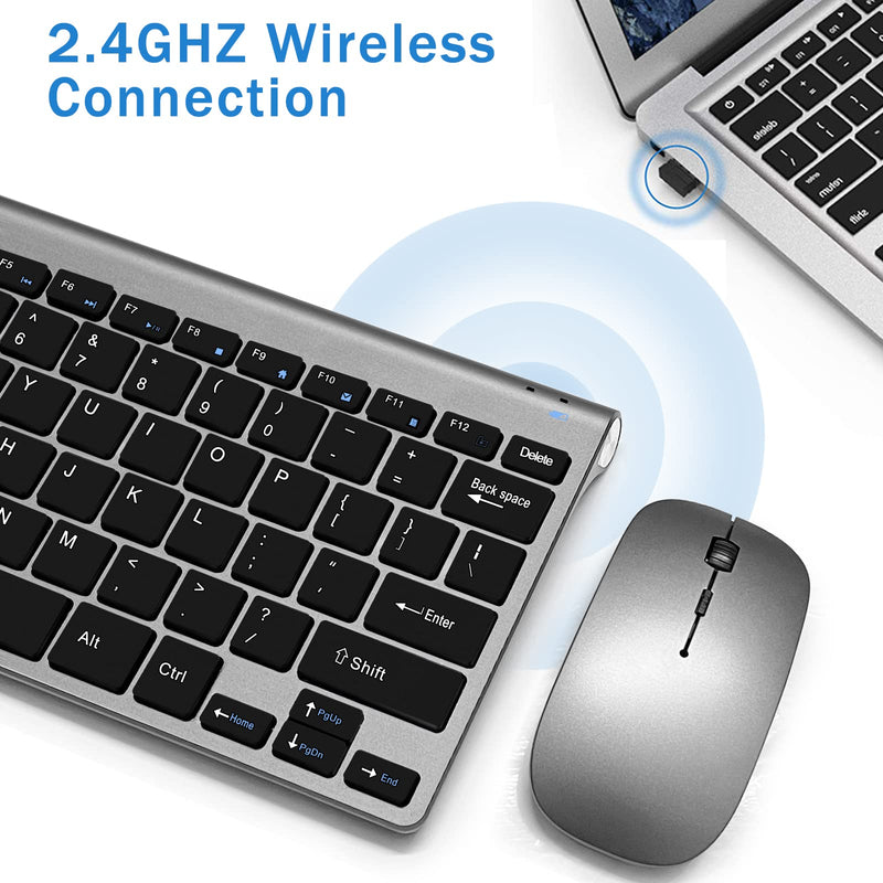 Wireless Keyboard and Mouse Combo, Compact Quiet Wireless Keyboard and Mouse Set 2.4G Ultra-Thin Sleek Design for Windows, Computer, Desktop, PC, Notebook, Laptop (Black+Grey) GHKM03