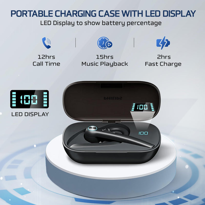 Philips Trucker Bluetooth Earpiece, Wireless Bluetooth Headset with Mic, 400mAh Charging Case with LED Display, All-Day Extended Talktime, Built-in Mic for Hands-Free Calling, Designed for Office Work Black