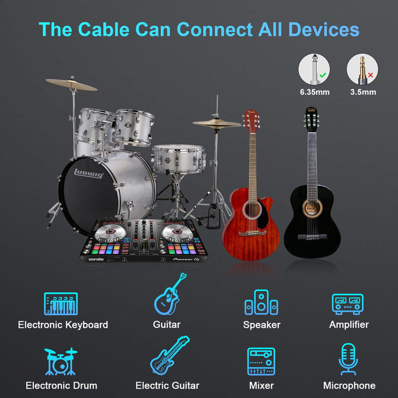 FIBBR Guitar Cable(10ft), Right Angle 1/4 Instrument Cable for Electric Guitar, Bass Guitar, Electric Mandolin, Pro Audio 10ft