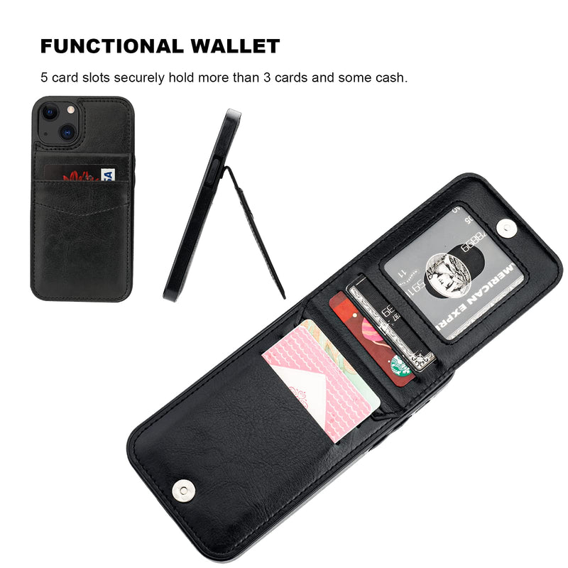 KIHUWEY Compatible with iPhone 13 Case Wallet with Credit Card Holder, Premium Leather Magnetic Clasp Kickstand Heavy Duty Protective Cover for iPhone 13 6.1 inch(Black) Black