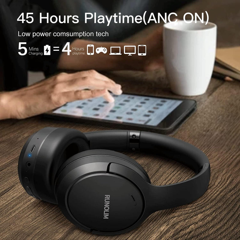 RUNOLIM Hybrid Active Noise Cancelling Headphones, Wireless Over Ear Bluetooth Headphones with Microphone, 70H Playtime, Foldable Headphones with HiFi Audio, Deep Bass for Home Travel Office Black