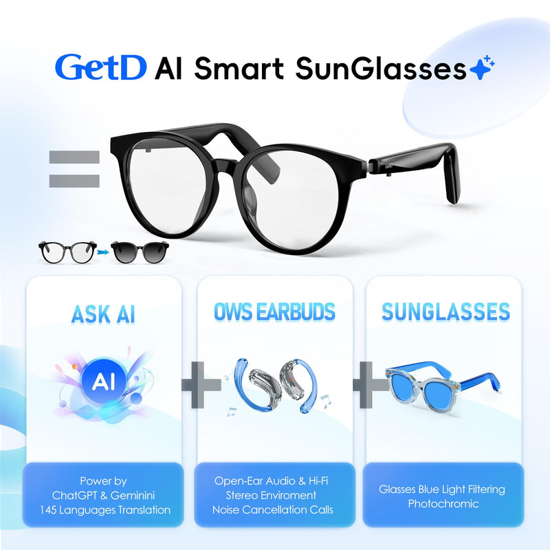 GetD AI Glasses for Men & Women, Smart Glasses Powered by ChatGPT with 145-Language Translation,Bluetooth 5.4 Glasses, Polarized & Photochromic Lenses, 11H Music Play for Driving and Daily Use