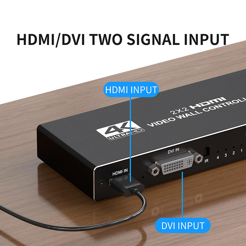 Video Wall Controller 2x2 4k, HDMI TV Video Wall Processor，4 tv Screens into 1 Wall Display with 180 Degree Rotate，Multiple tv Screens one Picture, 8 Splicing Modes 2x2,1x2,1x3,1x4,2x1,3x1,4x1