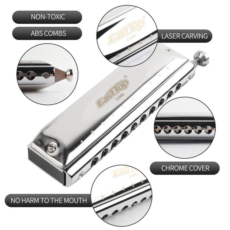 Professional Chromatic Harmonica C Key，Standard 10 Holes 40 Tones Mouth Organ T10-40 Harmonica for Adults,Professionals and Students(T10-40)