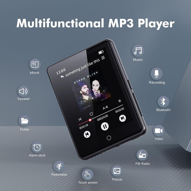 64GB MP3 Player with Bluetooth 5.3, Portable Music Player 2.4" Full Touchscreen with Speaker, FM Radio, Voice Recorder, E-Book (Earphones Included)