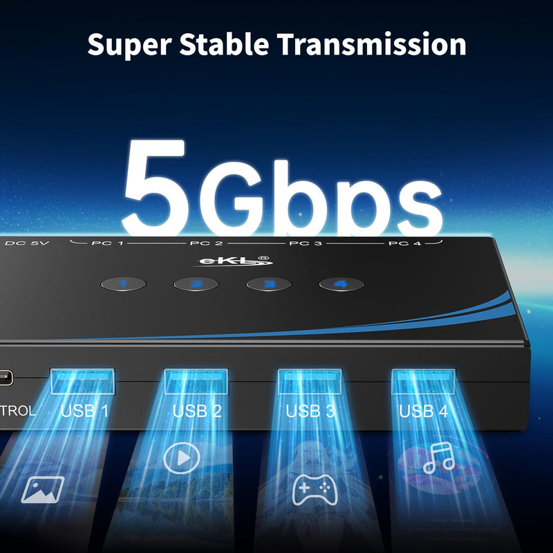 eKL USB 3.0 Switch 4 Computers Sharing USB Peripherals, 4 Port USB Switcher Sharing Mouse Keyboard Scanner Printer, with 3.5mm Headset Jack Audio Out, Includes 4 USB 3.0 Cables and Remote USB3.0 4 in 4 out with desktop controller