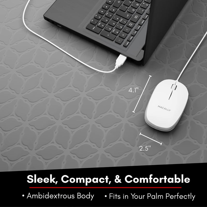 Macally USB Wired Mouse for Mac and Windows - Simple 3 Button Computer Mouse Wired, Scroll Wheel Layout with 5ft Cord - Simple Plug and Play USB Mouse for Laptop, Desktop, Notebook - White