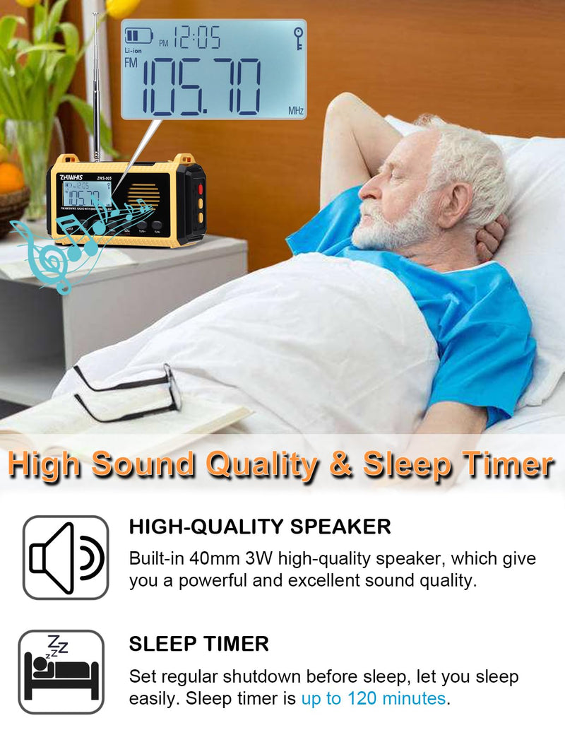ZHIWHIS Emergency Radio with Auto NOAA Alerts, 10000mAh AM FM SW Weather Radios, Hand Crank/Solar/SOS/Flashligh/Reading Lamp/Timer Portable Receiver with Preset, for Emergencies ZWS-905