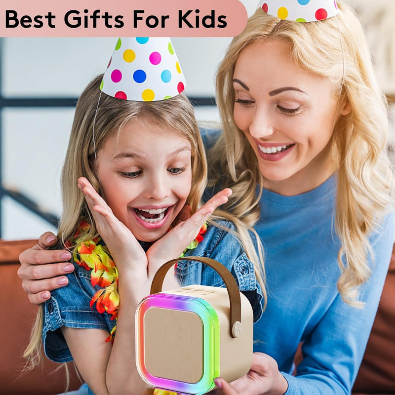 Mini Karaoke Machine for Kids Adults, Portable Bluetooth Karaoke Speaker with 2 Wireless Microphones for Girls Boys 3-11,12+ Years Old, Gifts for Family Home Birthday Party off-white
