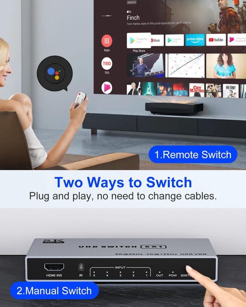 [AUSTRALIA] - 8K HDMI Splitter 5 in 1 Out HDMI Switch - 4k 120Hz HDMI 2.1 Switch Box Port Expander Selector with Remote Support 3D/HDR/HDCP2.3 Vision, Compatible with PS 5/4/3 Xbox Switch DVD Player TV PC 