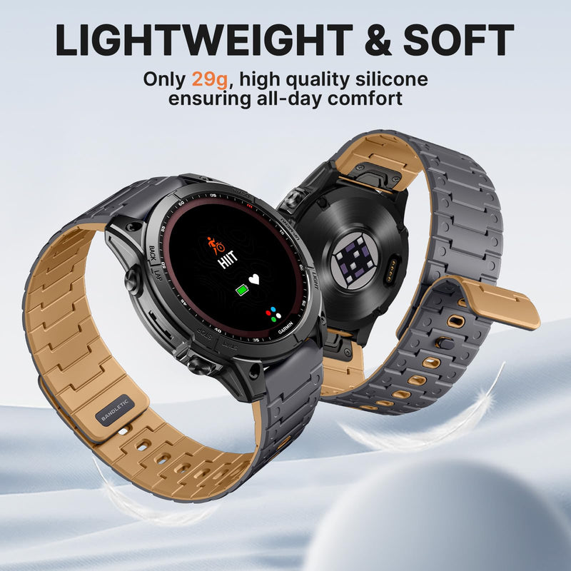 Bandletic Sport Magnetic Band Compatible with Garmin Watch Quick Fit 22mm | Sport Silicone Strong Magnets Straps for Fenix 8 E 47mm/7 6 Pro/5 Plus/Instinct 3/2/Forerunner970/Approach S70/Epix/Quatix 8 AnthraciteGray-Ochre